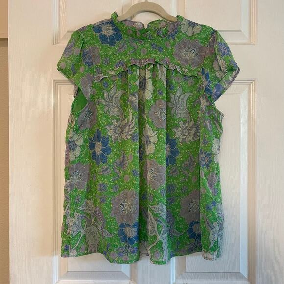 Joie Green Pleat Femme Floral Blouse Cap Sleeves Ruffle Crew Neck size XL - Picture 1 of 13